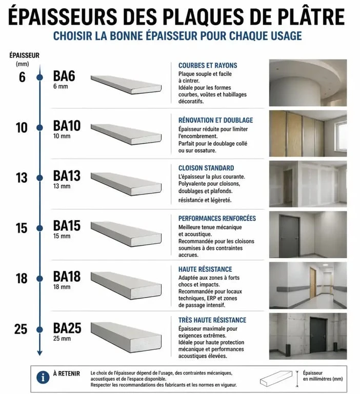 Infographie comparative des épaisseurs de placo et leurs usages