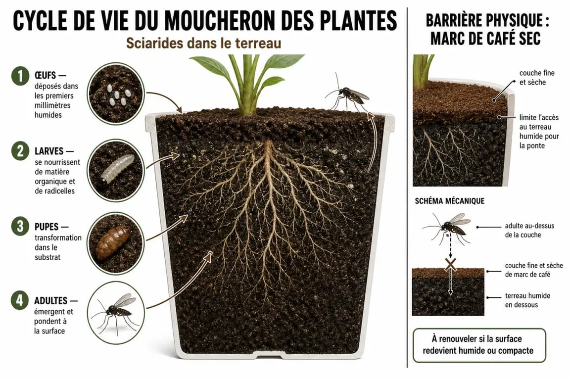 Infographie sur le cycle de vie des moucherons des plantes et l'utilisation du marc de café comme barrière physique