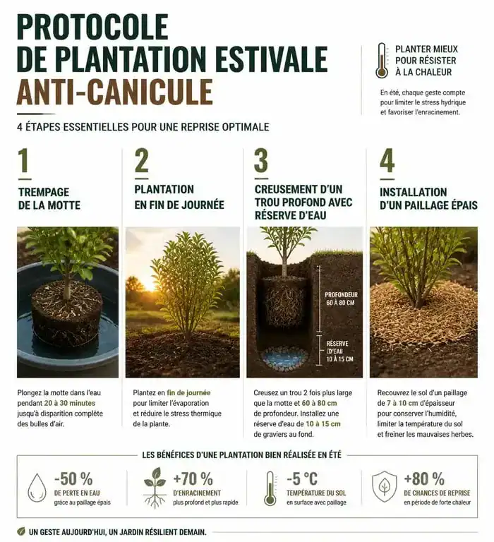 Infographie des étapes de plantation de fleurs en juillet et août pour réussir son jardin malgré la chaleur