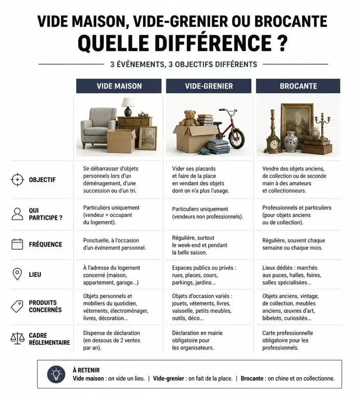 Comparatif des différences entre vide maison, vide-grenier et brocante en Charente-Maritime