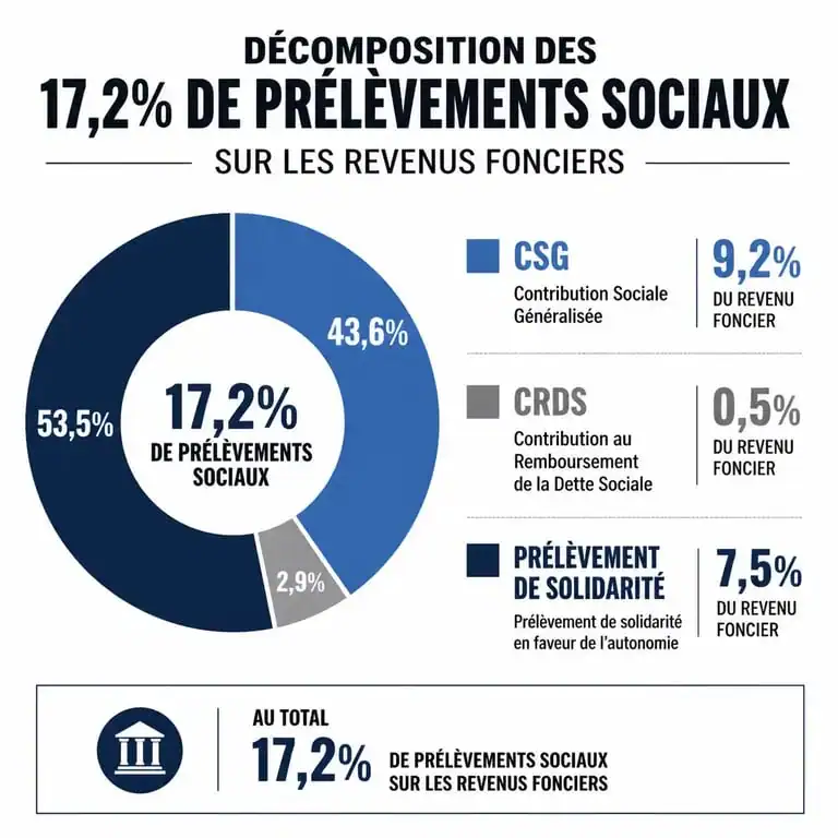Infographie explicative des prélèvements sociaux sur revenu foncier : décomposition du taux de 17,2%
