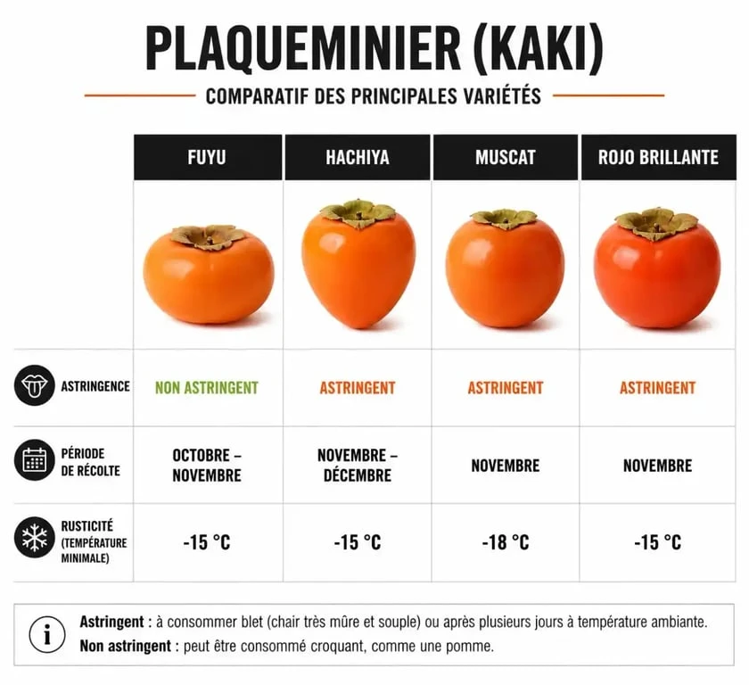 Tableau comparatif des variétés de plaqueminier kaki : Fuyu, Hachiya, Muscat et Rojo Brillante.
