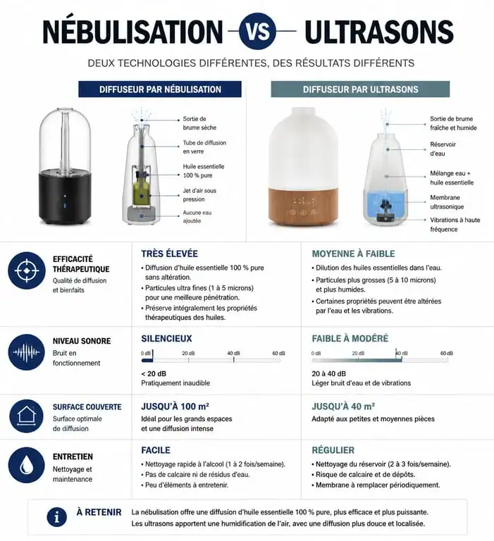 Infographie comparative des technologies de diffusion d'huiles essentielles : nébulisation vs ultrasons pour choisir le meilleur diffuseur.