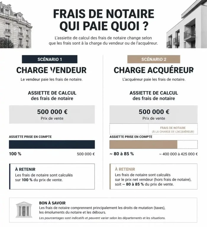 Infographie comparative des frais d'agence et frais de notaire selon la répartition des honoraires.