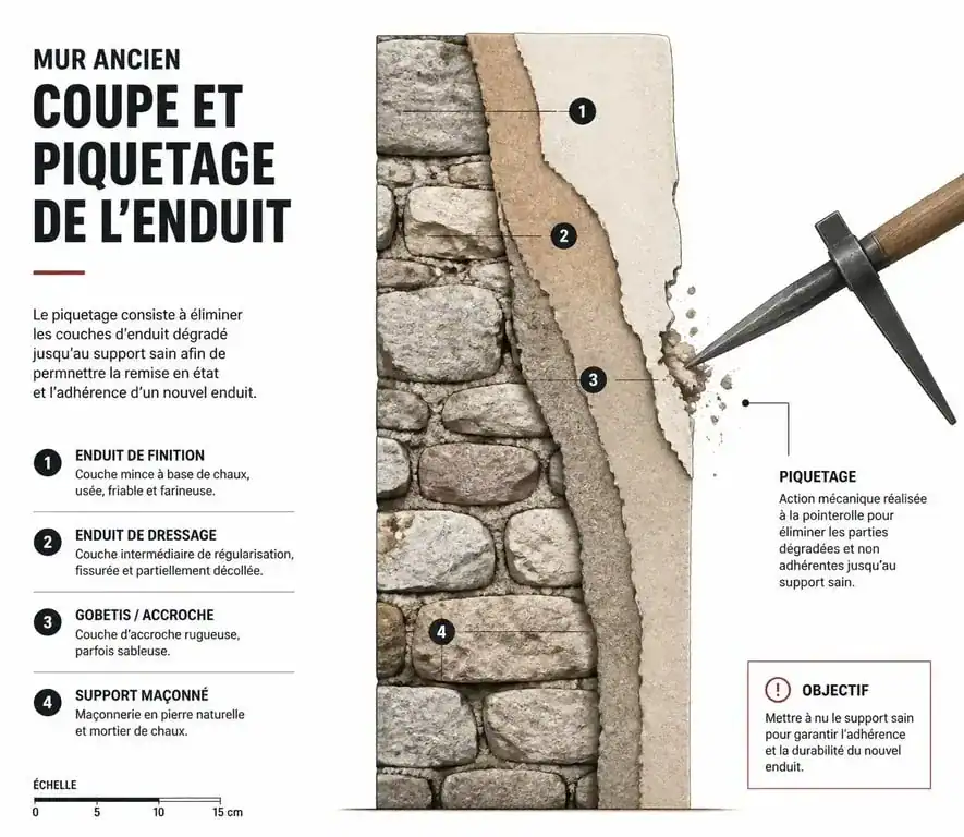 Schéma technique illustrant les étapes du piquetage d'un mur en pierre pour la rénovation