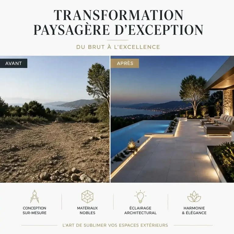 Aménagement extérieur de prestige en France : transformation d'un jardin haut de gamme avec terrasse et piscine