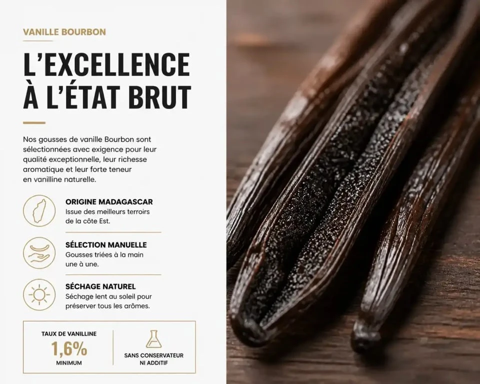 Gousse de vanille Bourbon de qualité gourmet avec cristaux de vanilline