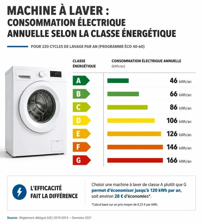 Infographie de la consommation électrique annuelle d'une machine à laver selon la classe énergétique