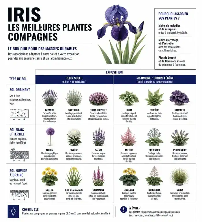 Infographie des plantes compagnes idéales pour les iris au jardin