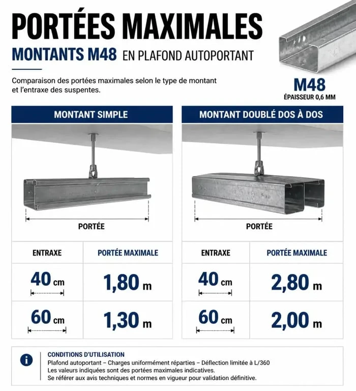 Tableau comparatif des portées maximales pour plafond autoportant avec montants M48
