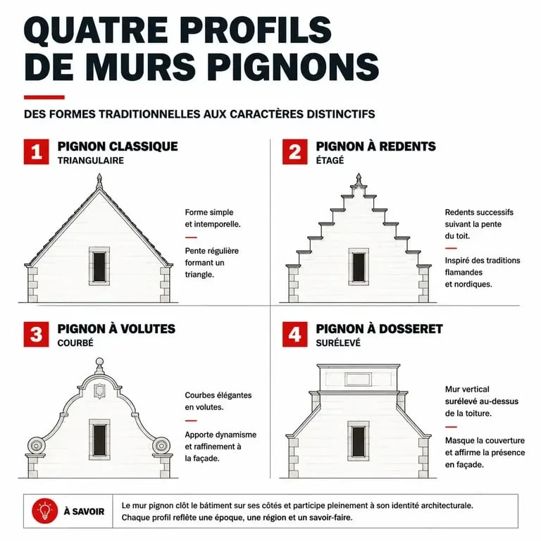 Schéma des différents types de murs pignons : classique, à redents, à volutes et dosseret.