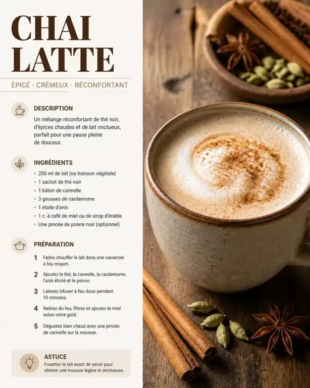 Tasse de chai latte maison onctueux avec épices, recette pour apprendre comment faire un chai latte authentique.