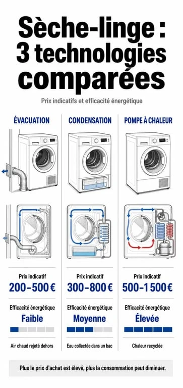 Infographie comparative des prix et technologies de sèche-linge : évacuation, condensation et pompe à chaleur.