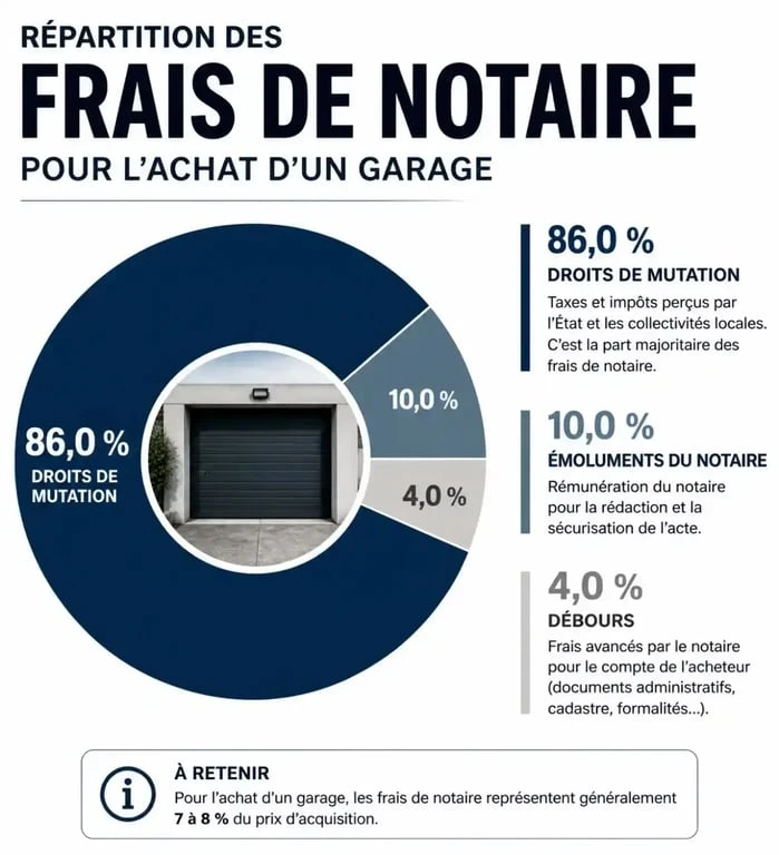 Composition des frais de notaire pour l'achat d'un garage : répartition entre taxes, émoluments et débours.