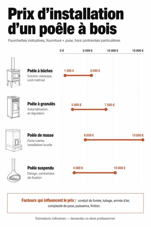 Infographie comparative des prix d'installation d'un poêle à bois selon le type d'appareil