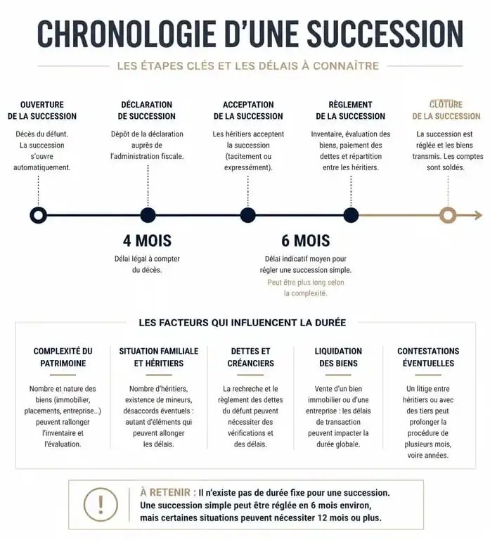 Infographie des étapes et délais d'une succession pour comprendre combien de temps prend une succession