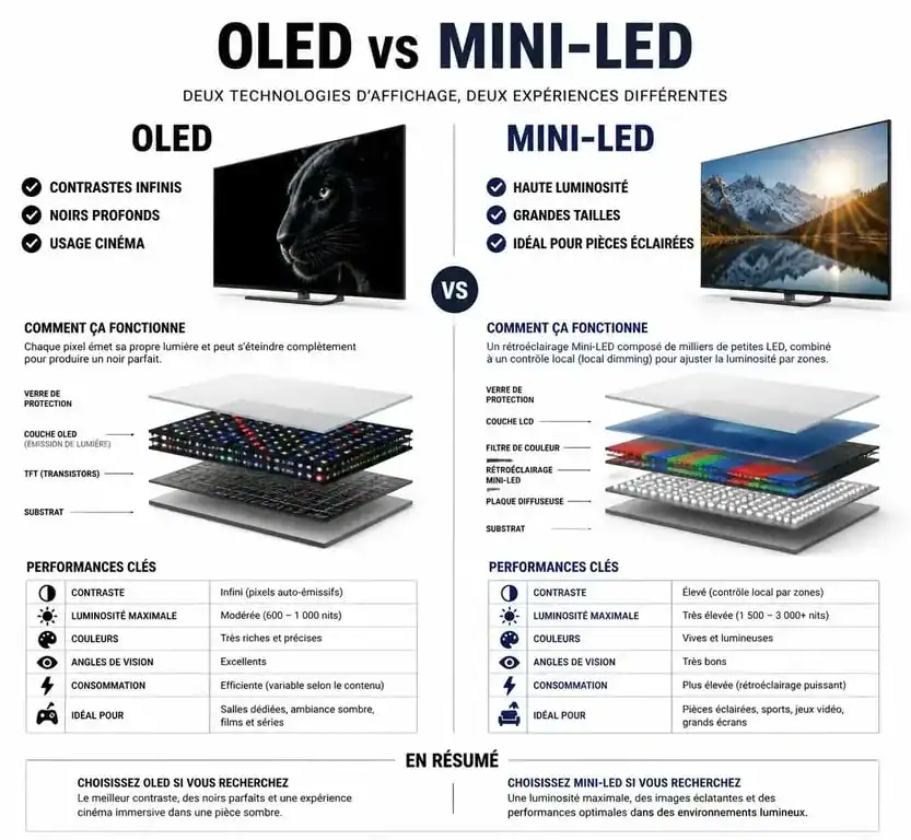 Comparatif des technologies OLED et Mini-LED pour choisir les meilleurs TV 2024
