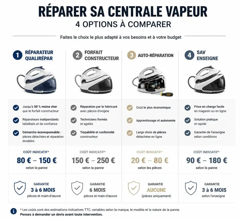 Comparatif des options pour faire réparer sa centrale vapeur : coût, garantie et avantages.