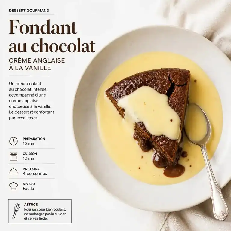 Gâteau au chocolat accompagné d'une crème anglaise onctueuse