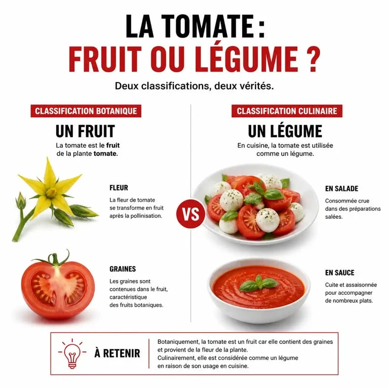 Infographie comparative : la tomate est-elle un fruit ou un légume selon la botanique et la cuisine