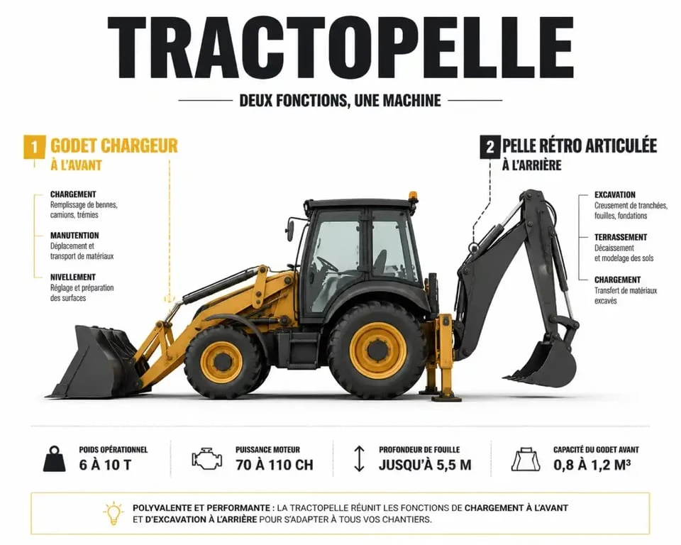 Schéma technique illustrant la double architecture d'une tractopelle : chargeuse avant et pelle rétro arrière.