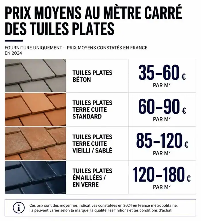Comparatif des prix au m2 des tuiles plates selon le matériau : béton, terre cuite, vieilli et émaillé.