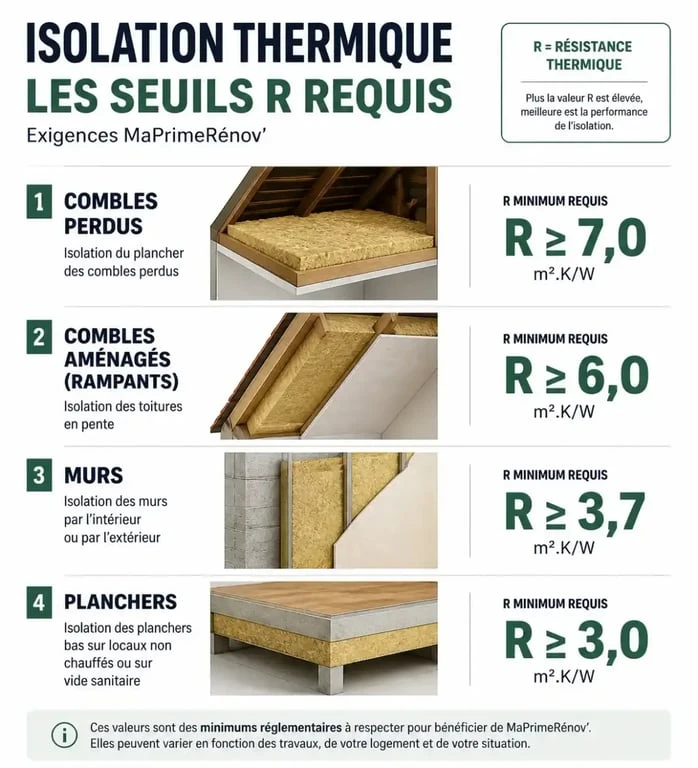 Tableau des seuils de résistance thermique R pour l'isolation avec fibre de bois Homatherm et éligibilité aux aides