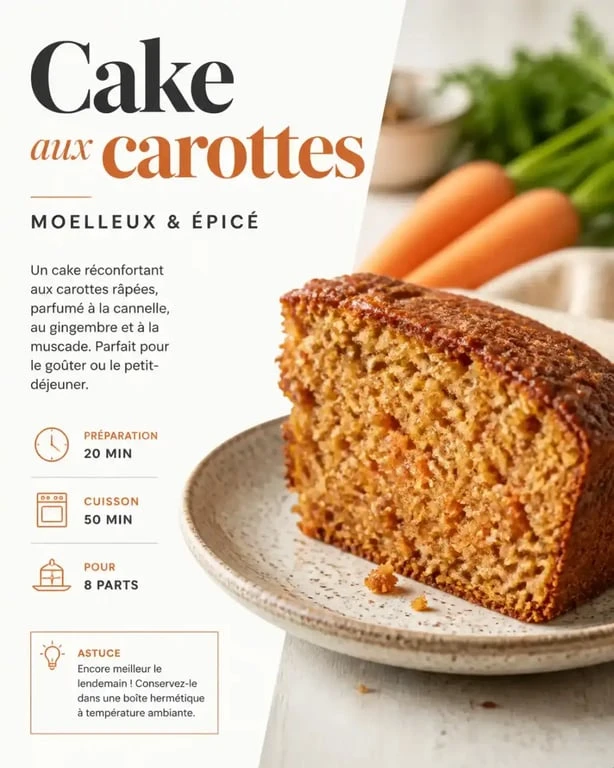 Cake aux carottes et épices douces, une recette savoureuse et moelleuse.