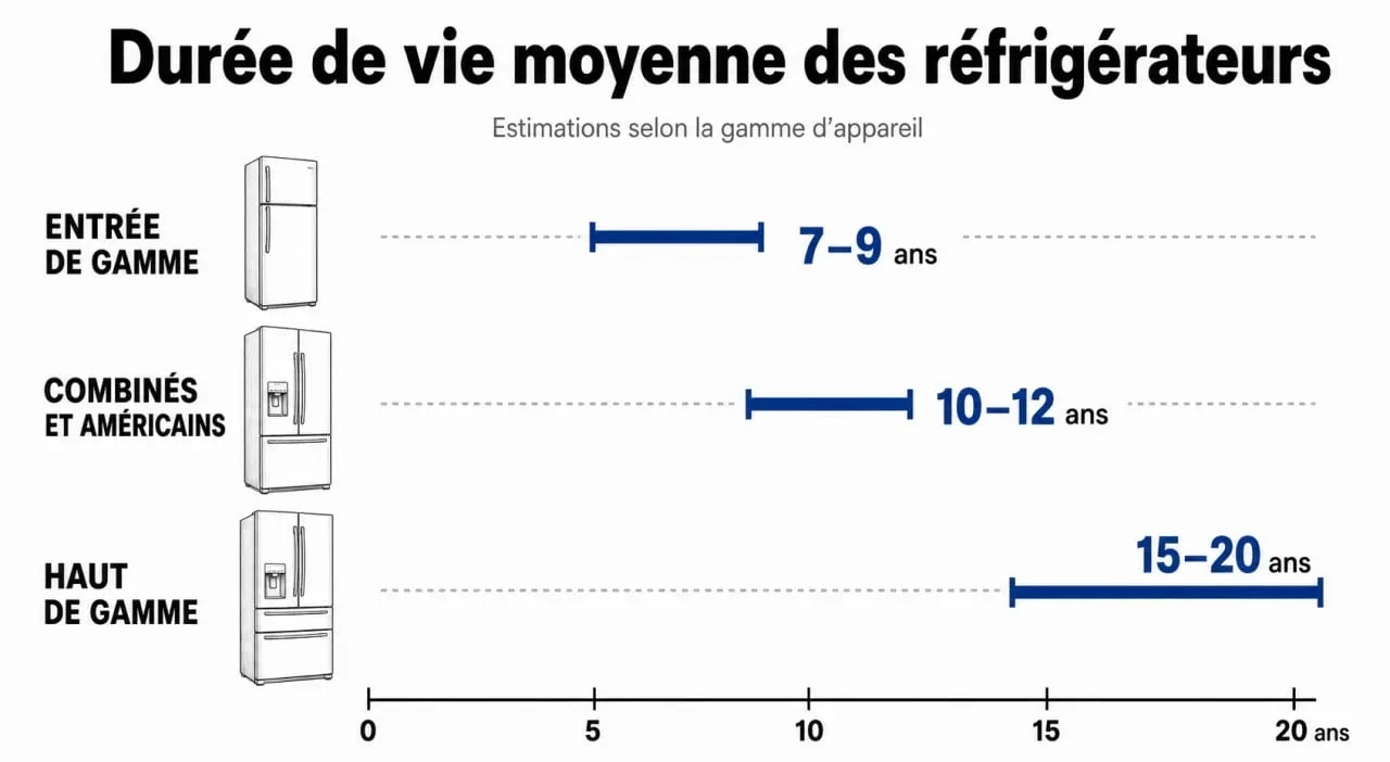 Infographie montrant la durée de vie moyenne d'un réfrigérateur selon sa gamme