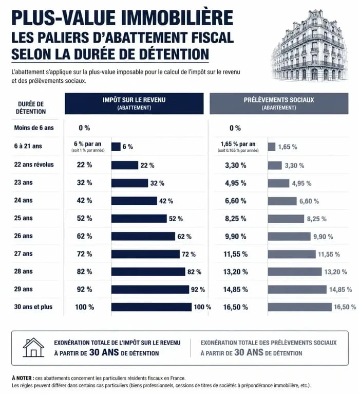 Infographie des abattements fiscaux sur la plus-value immobilière selon la durée de détention