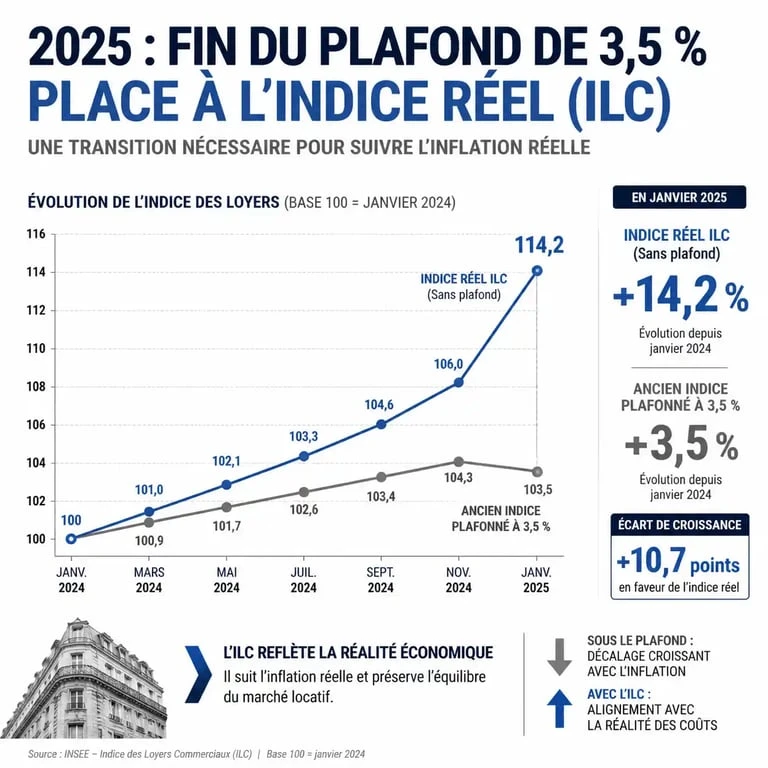 Graphique illustrant le passage du plafonnement des loyers commerciaux 2025 à l'indexation réelle ILC