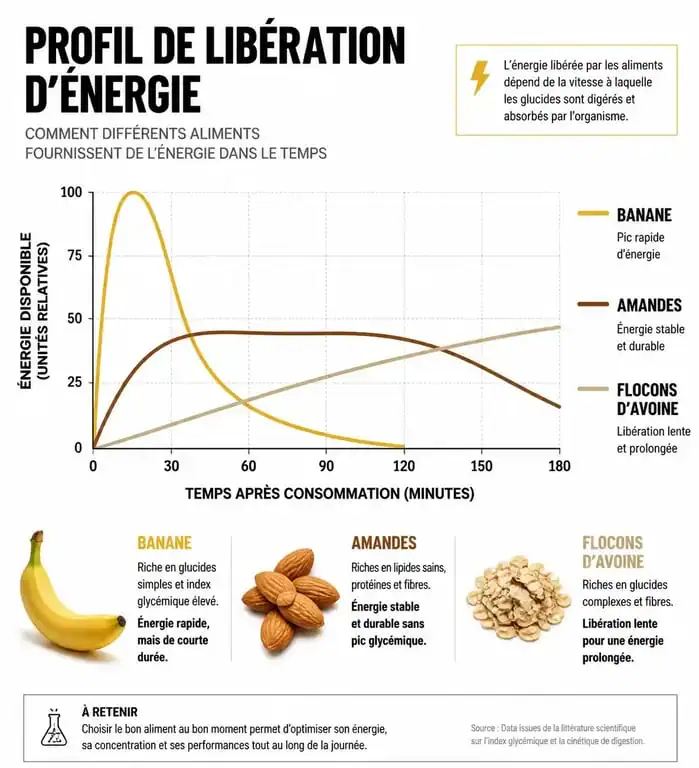 Infographie sur les aliments qui donnent de l'énergie rapidement et leur impact sur la glycémie