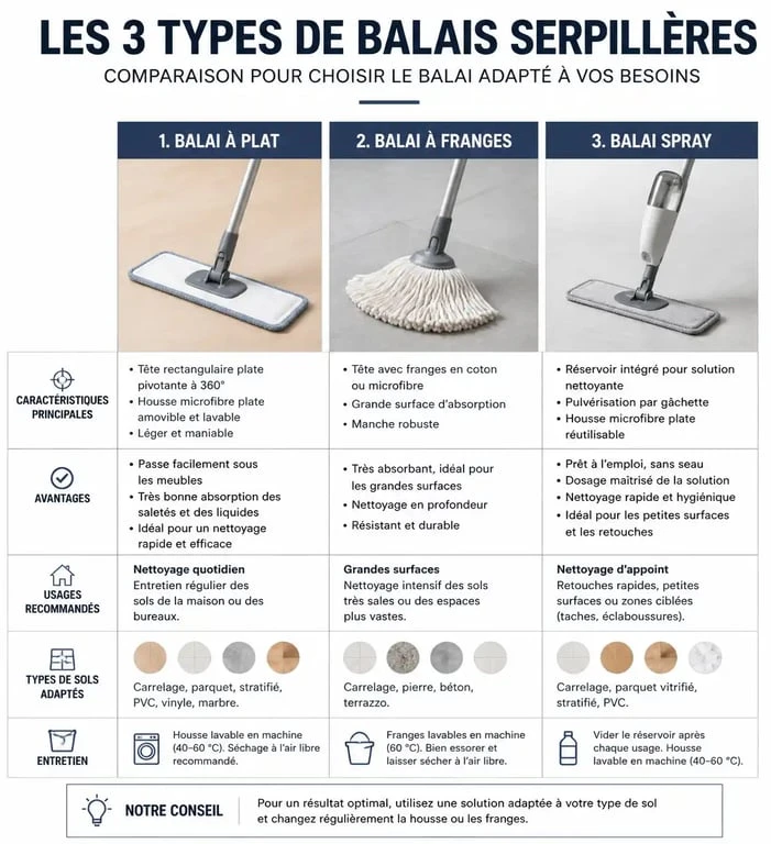 Comparatif des types de balais serpillères : balai à plat, à franges et spray pour le nettoyage des sols.