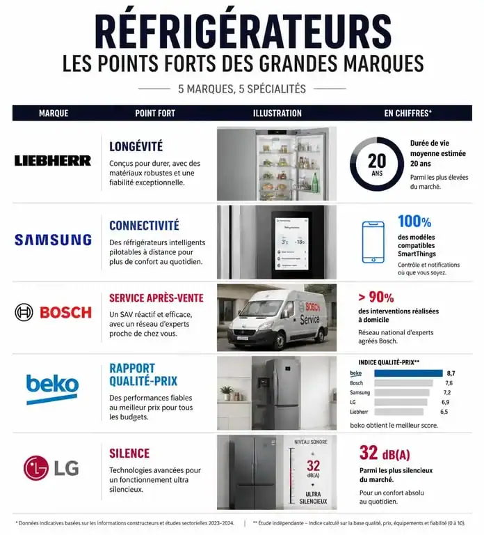 Infographie comparative des meilleures marques de réfrigérateurs : fiabilité, technologie et rapport qualité-prix