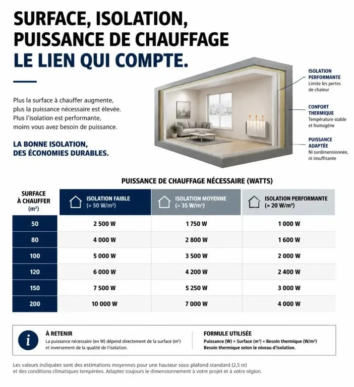 Infographie sur le calcul de la puissance de radiateur par m2 selon l'isolation