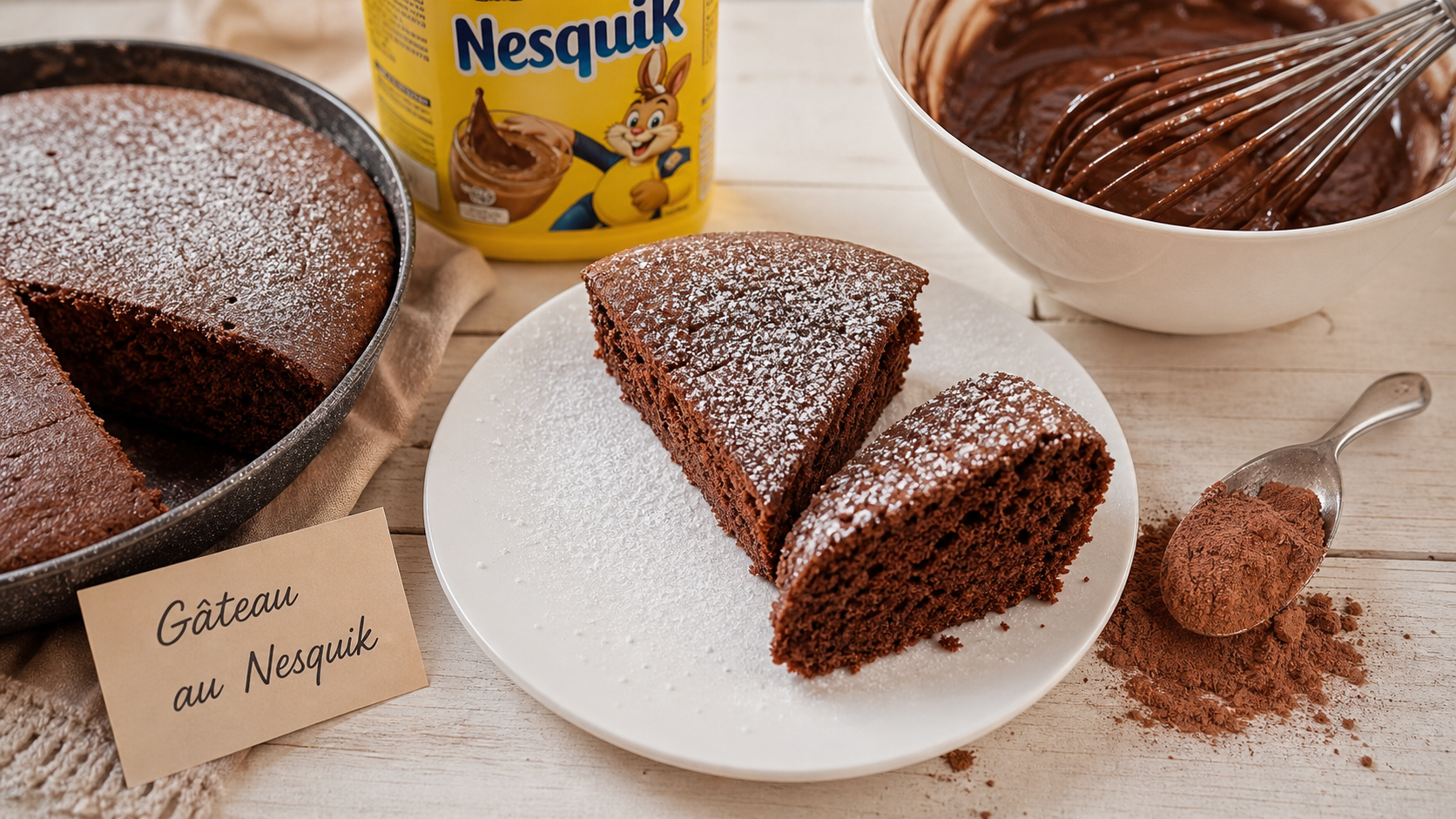 gateau au nesquik moelleux en 30 minutes sur assiette blanche