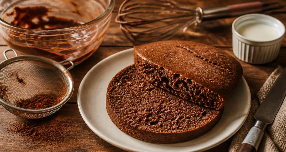 Gateau cacao moelleux tranché sur assiette blanche