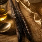 Gousse de vanille Bourbon fendue, graines noires et sucre, vue macro