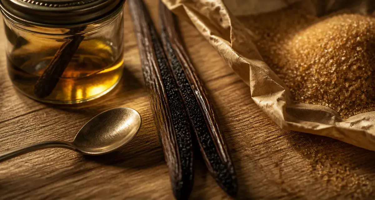 Gousse de vanille Bourbon fendue, graines noires et sucre, vue macro