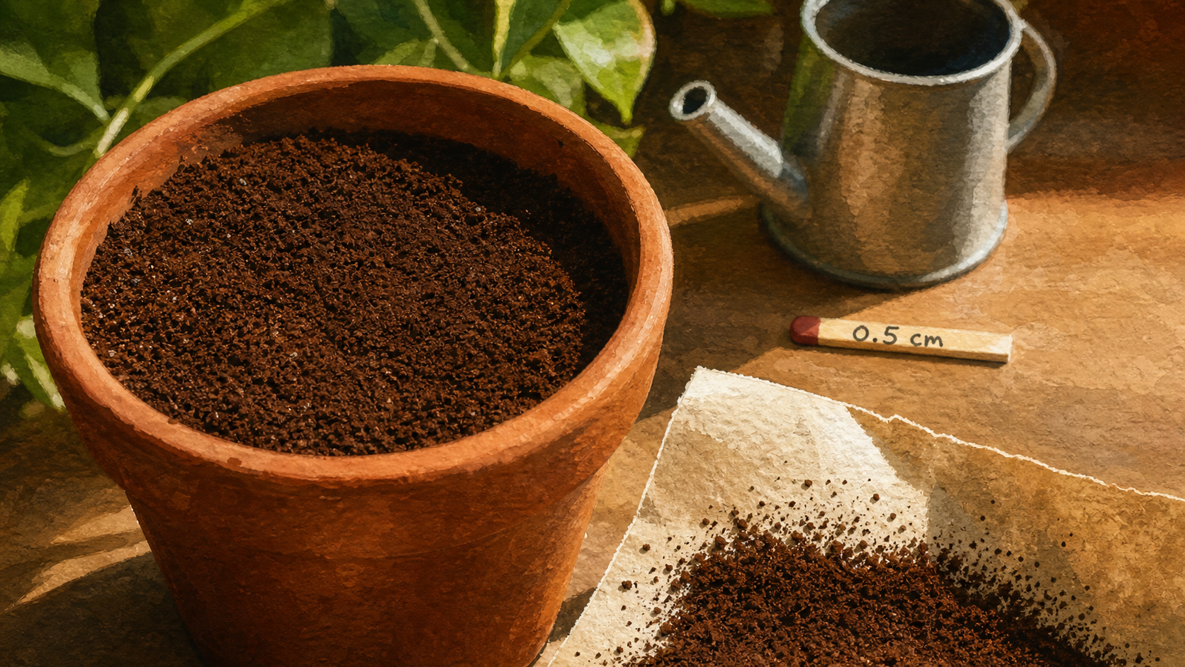 Marquant de marc de café sur terreau pour plantes contre les moucherons