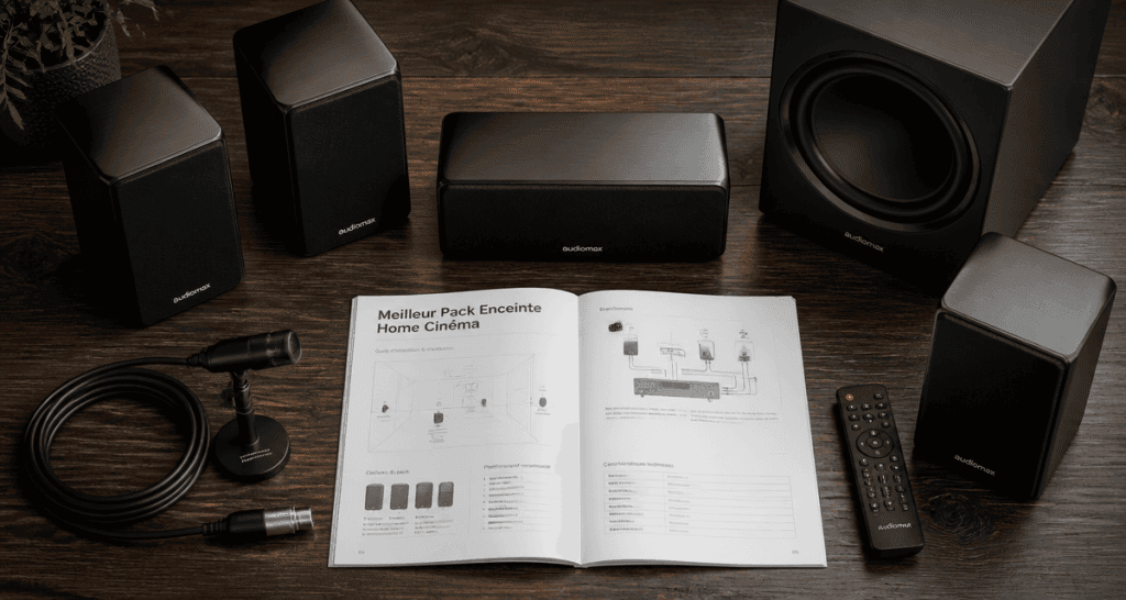 meilleur pack enceinte home cinéma table bois sombre