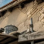 Mur pignon d’une maison ancienne, échafaudage et rénovation