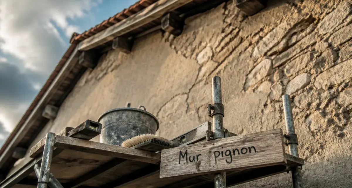 Mur pignon d’une maison ancienne, échafaudage et rénovation