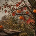 Plaqueminier avec kakis orange vif, fin d’automne au jardin