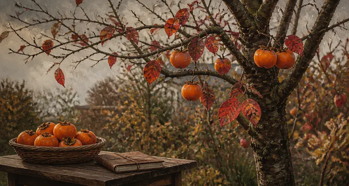 Plaqueminier avec kakis orange vif, fin d’automne au jardin
