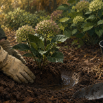 Quand planter des hortensias : main replie la terre autour d’un plant, terre arrosée