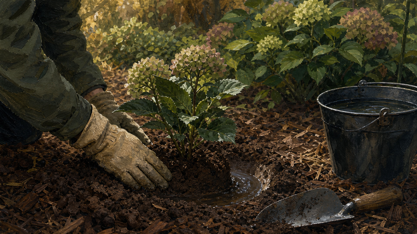 Quand planter des hortensias : main replie la terre autour d’un plant, terre arrosée