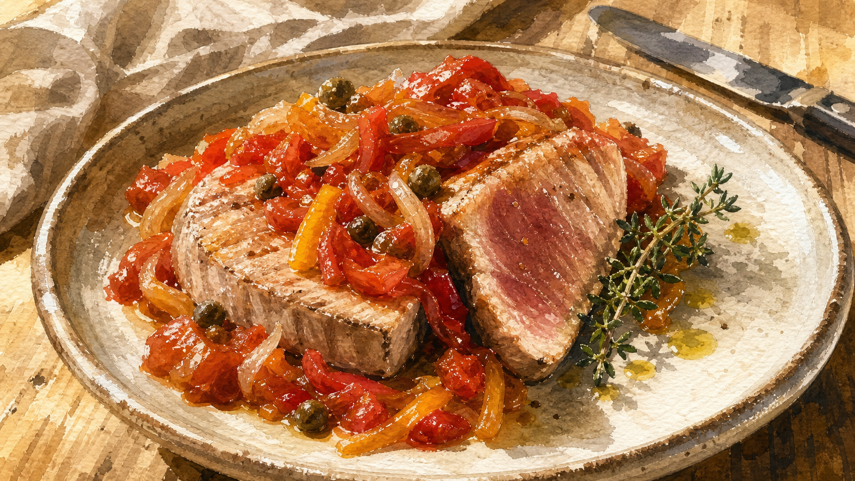 Recette thonine : darnes rosées et compotée provençale aux câpres