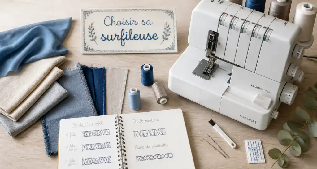 Surfileuse moderne avec tissus et accessoires couture