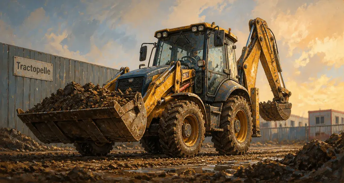 Tractopelle sur chantier : pelle et godet pour terrassement
